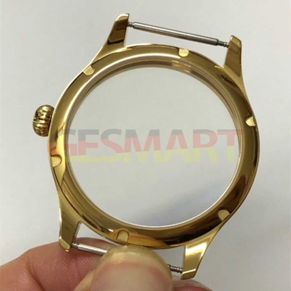 44mm golden 316L stainless steel watch case, compatible with Seagull ST3600/ST3621 and ETA6497/6498 movements, sleek design.