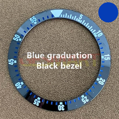 Black ceramic watch bezel insert with blue graduation, 38mm/30.5mm, durable parts for watch repair.