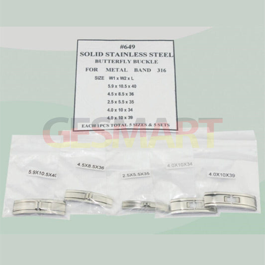 Set of 5 solid 316 stainless steel butterfly buckles in 5 sizes, ideal for metal watch bands.