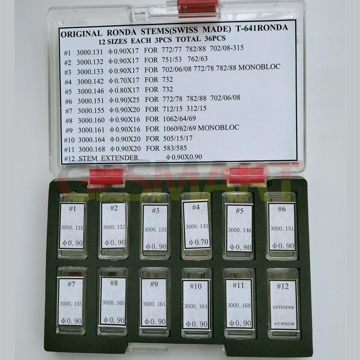 36pcs Swiss Made Ronda watch stems assortment for precise watch repair and maintenance tasks.