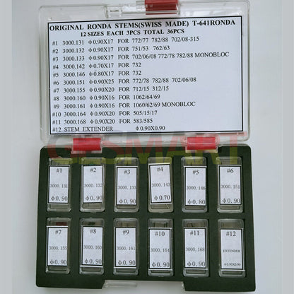 36pcs Swiss Made Ronda watch stems assortment for precise watch repair and maintenance tasks.