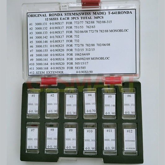 36pcs Swiss Made Ronda watch stems assortment for precise watch repair and maintenance tasks.