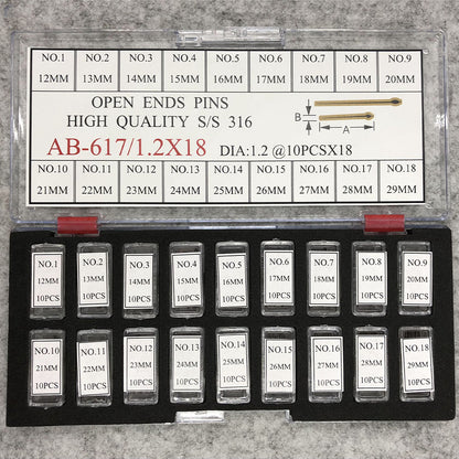 Stainless steel open end pins kit, sizes 12-29mm, 180pcs box, durable watch accessory.