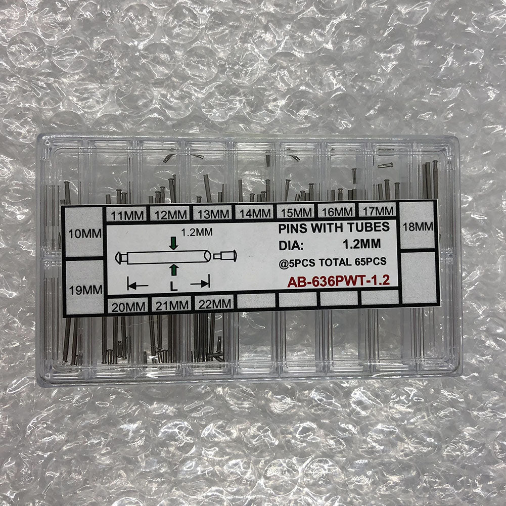 Watch band part pins with tubes, 1.2mm diameter, 13 sizes, 65-piece set for precise watch repair.