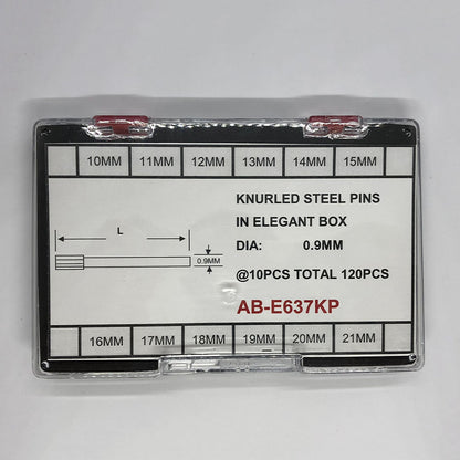 Knurled steel pins in elegant box, sizes 10-21mm diameter, 0.9mm thickness, 120pcs, ideal for watch repairs.