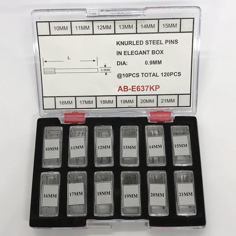 Knurled steel watch pins set, 10-21mm diameters, 0.9mm thick, 120pcs for precise repairs.