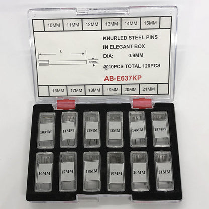 Knurled steel watch pins set, 10-21mm diameters, 0.9mm thick, 120pcs for precise repairs.