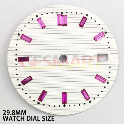 Pink imitation gemstone accented white watch dial, 29.8mm for NH35 movement.