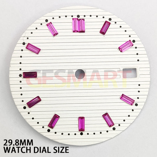 Pink imitation gemstone accented white watch dial, 29.8mm for NH35 movement.