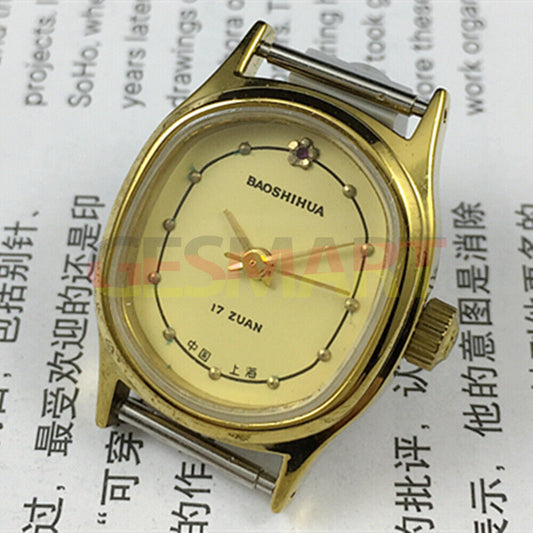 Montre mécanique manuelle Shanghai pour femme, cadran jaune à clous dorés, boîtier ovale, 17 pouces