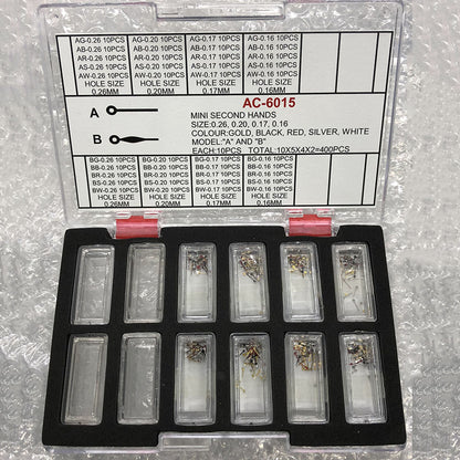 Mini second hands for watches, 0.16-0.26mm hole, multicolor, 2 models, 400PCS box, precise fit.
