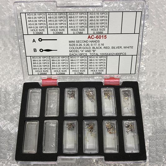 Mini second hands for watches, 0.16-0.26mm hole, multicolor, 2 models, 400PCS box, precise fit.