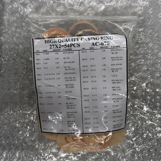 Set of 54 watch movement case spacers, various 27 ligne sizes by AC-676, for precise casing and repairs
