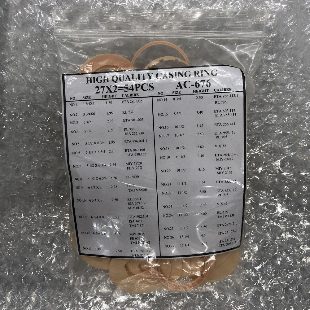 Set of 54 AC-676 watch movement case spacers, 27 ligne sizes for precise casing and holder adjustments.