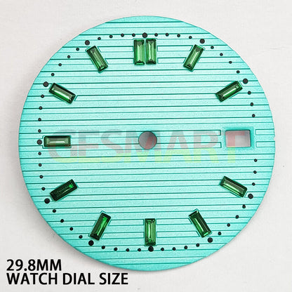 29.8mm green gemstone watch dial by NH35 with nail design, ideal for watch accessory upgrades