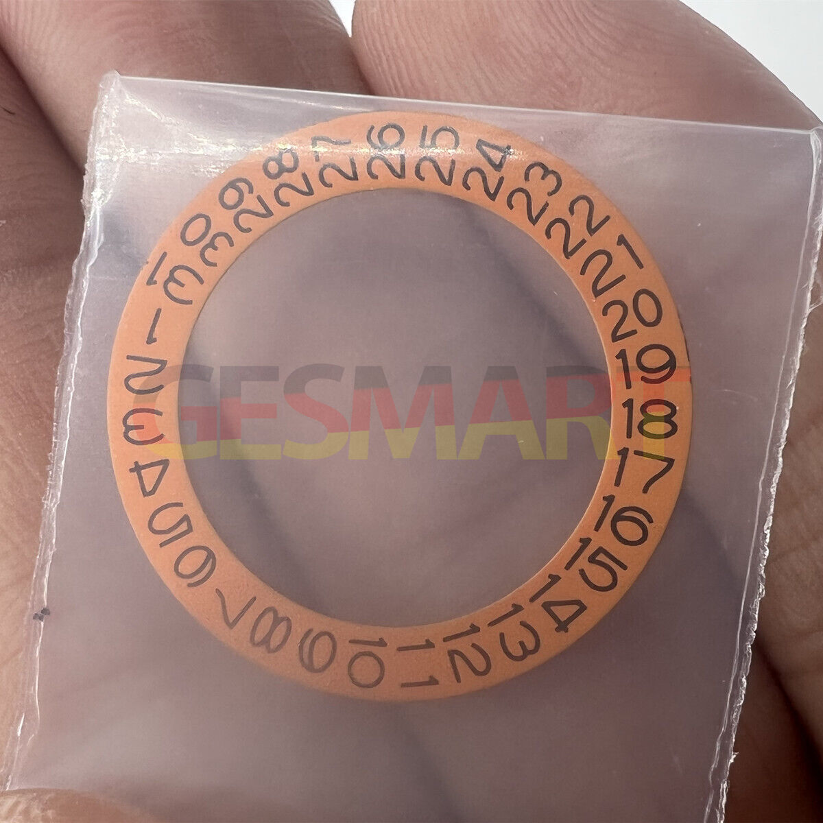 Orange background date disk wheel overlay for NH35 NH36 movement, date display at 3 o'clock, precise fit.