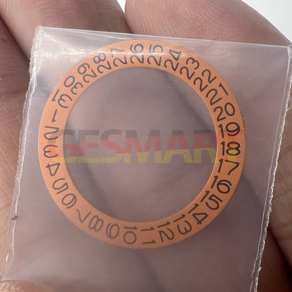 Orange background date disk wheel overlay for NH35 NH36 movement, date display at 3 o'clock, precise fit.