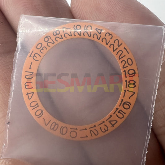Orange background date disk wheel overlay for NH35 NH36 movement, date display at 3 o'clock, precise fit.