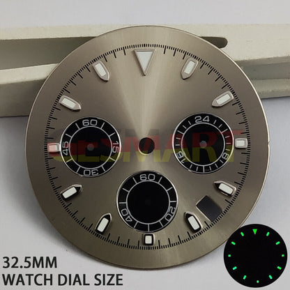 Green luminous dial with matte grey finish for VK63 quartz watch movement, perfect for stylish repairs.