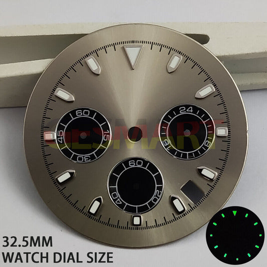 Green luminous dial with matte grey finish for VK63 quartz watch movement, perfect for stylish repairs.