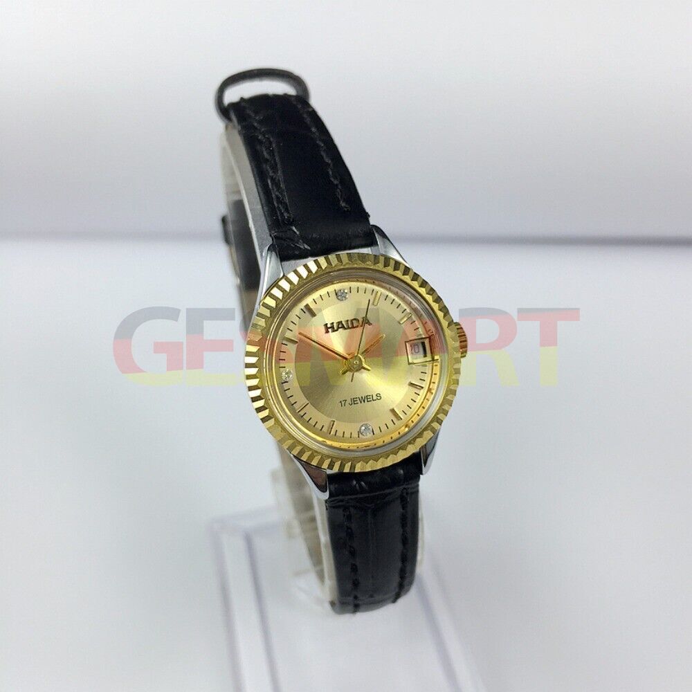 HAIDA 23mm women's mechanical watch with gold nail accents and round gold case for elegant style.