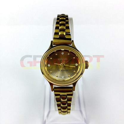 HAIDA 23mm gold manual watch for women with 17 jewels and gradient brown dial, perfect for elegant style.
