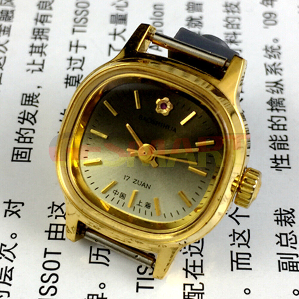 23mm Lady Watch with golden hour markers, gradient green dial, square case, manual mechanical movement.