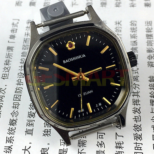 Montre mécanique manuelle Shanghai Golden Nail, cadran noir, boîtier octogonal, 17 pouces