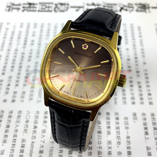 34mm Shanghai Manual Mechanical Watch with Golden Nail markers, Brown Dial, Square Case, 17 Jewels for classic style