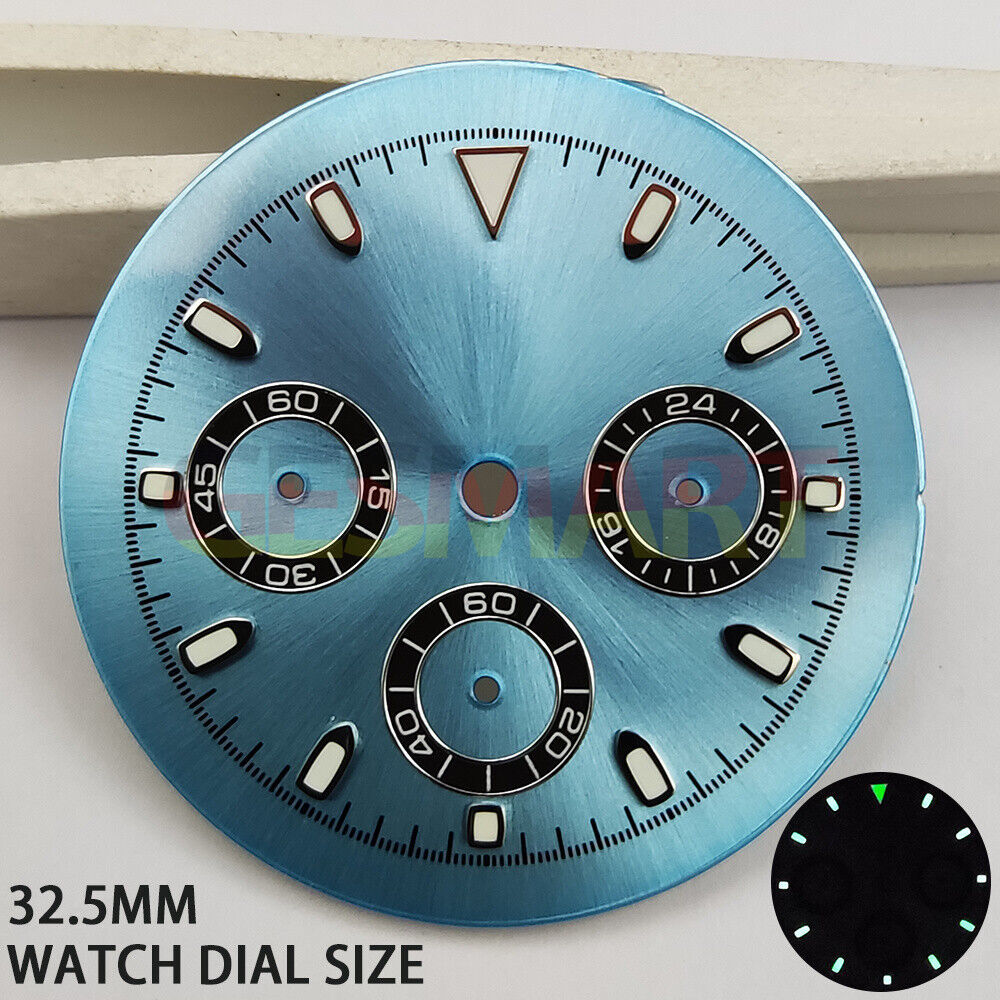 Green luminous matted blue watch dial for VK63 quartz movement, ideal for precision timekeeping accessories.