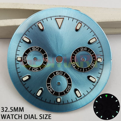 Green luminous matted blue watch dial for VK63 quartz movement, ideal for precision timekeeping accessories.