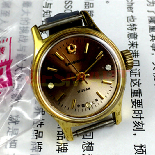 Montre mécanique manuelle Shanghai pour femme, cadran marron dégradé à clous dorés, 3 aiguilles