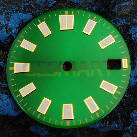 Green luminous watch dial with silver and golden nail trim, compatible with NH35 movement,.