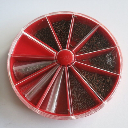 Red round box with 1000PCS AB6004 steel screws for eyeglass and watch repair by AB Brand.