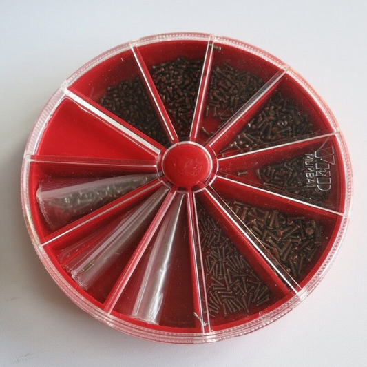 Red round box with 1000PCS AB6004 steel screws for eyeglass and watch repair by AB Brand.