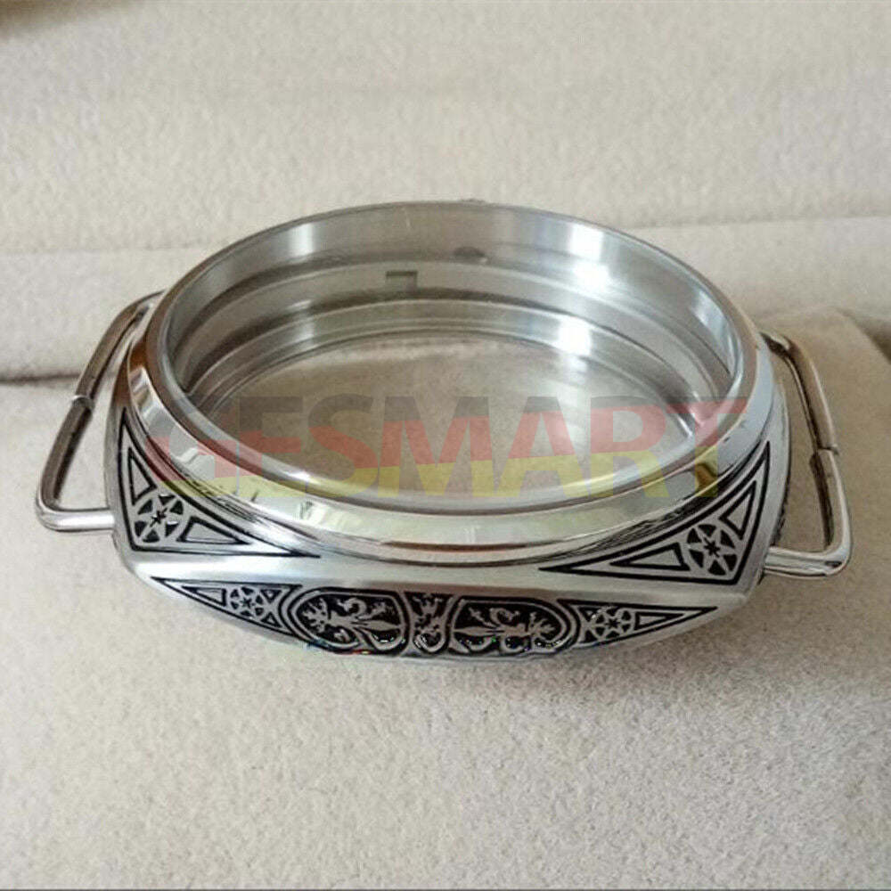 47mm 316L stainless steel carved watch case with crystals, compatible with Seagull ST3600 and ETA6497 movements.