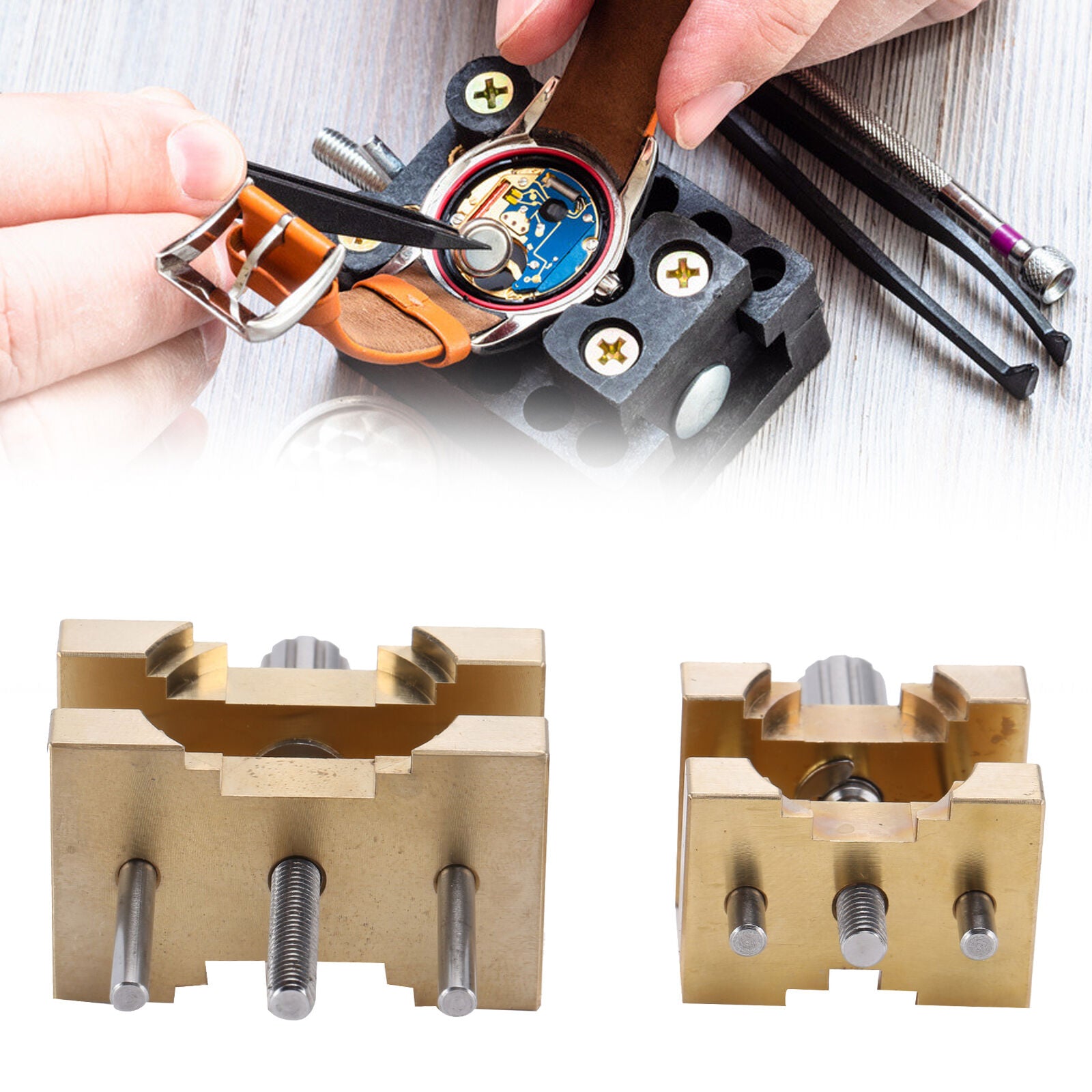 Vintage copper watch movement holder clamps set of 2, perfect for precise watchmaker repairs and assembly.