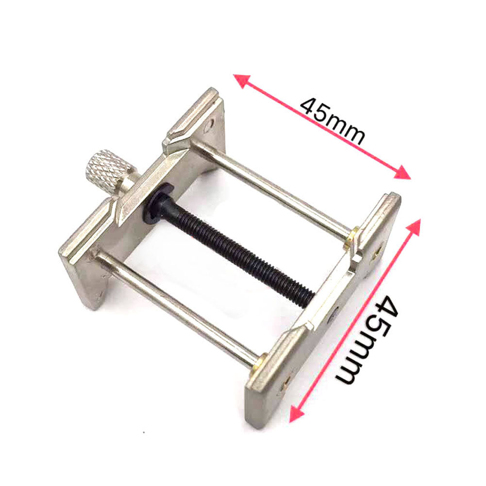 Set of 3 adjustable metal watch movement case holders for accurate watch repairs and assembly.