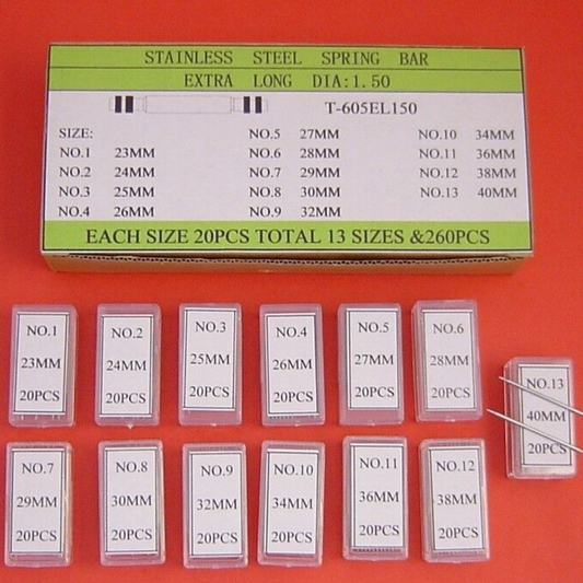 AB-605EL150 Assorted 1.5mm Thick Extra Long Double Shoulder Spring Bar Pins 23mm-40mm