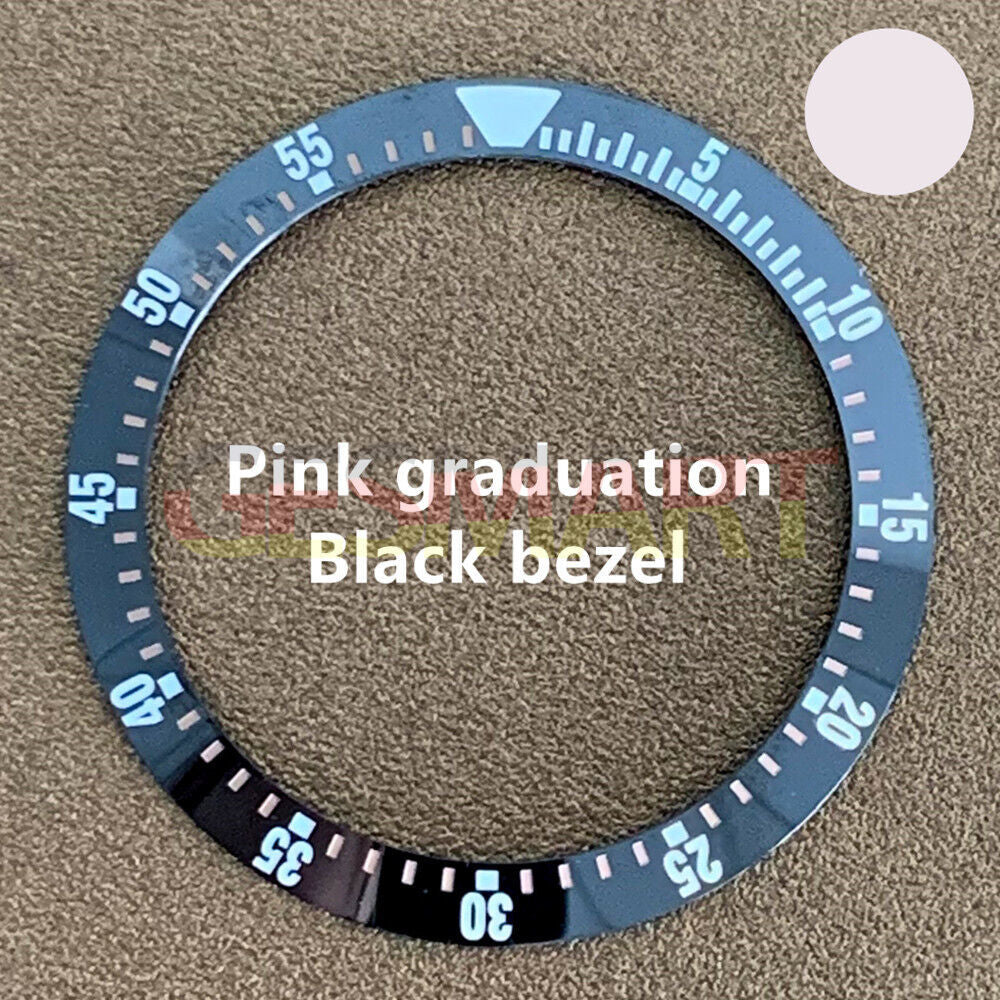 Black 38mm/30.5mm ceramic watch bezel insert with pink graduation, compatible with various watch models.