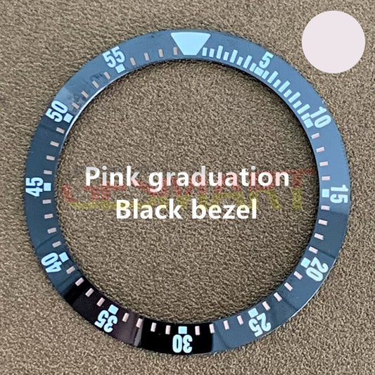 Black 38mm/30.5mm ceramic watch bezel insert with pink graduation, compatible with various watch models.