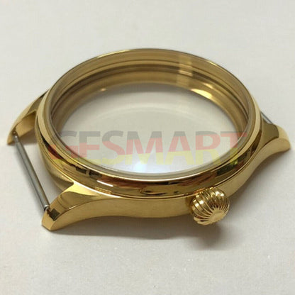 44mm golden 316L stainless steel watch case compatible with Seagull ST3600/ST3621 and ETA6497/6498 movements.