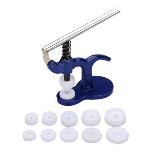 Watch Crystal Press Back Cover Closer with 12 plastic dies for precise repair, ideal for watchmakers and hobbyists.