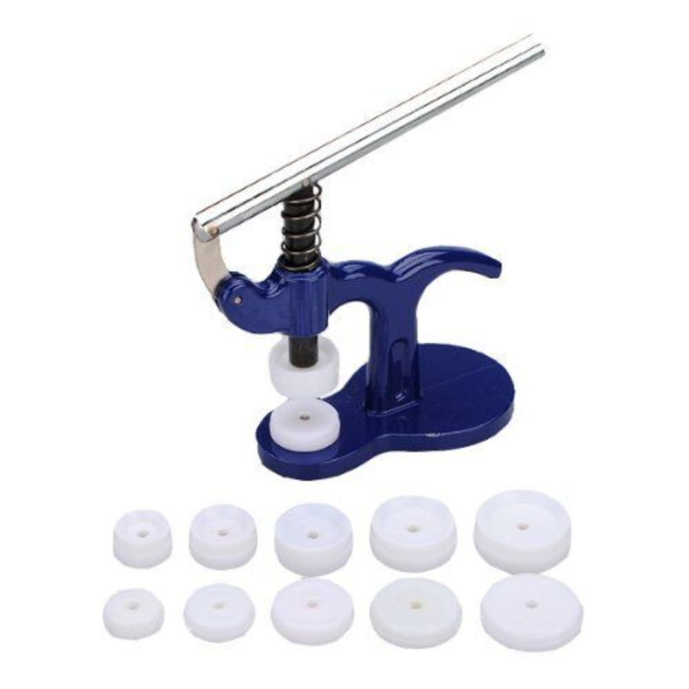 Watch Crystal Press Back Cover Closer with 12 Plastic Dies for precise watch repair and case sealing.
