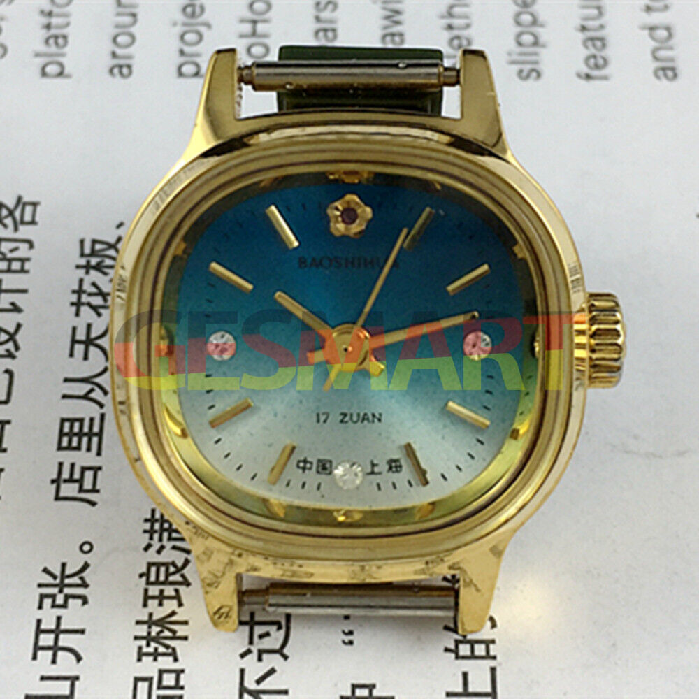 Manual mechanical lady watch with golden nail square case, gradient blue dial, and 3 hands.