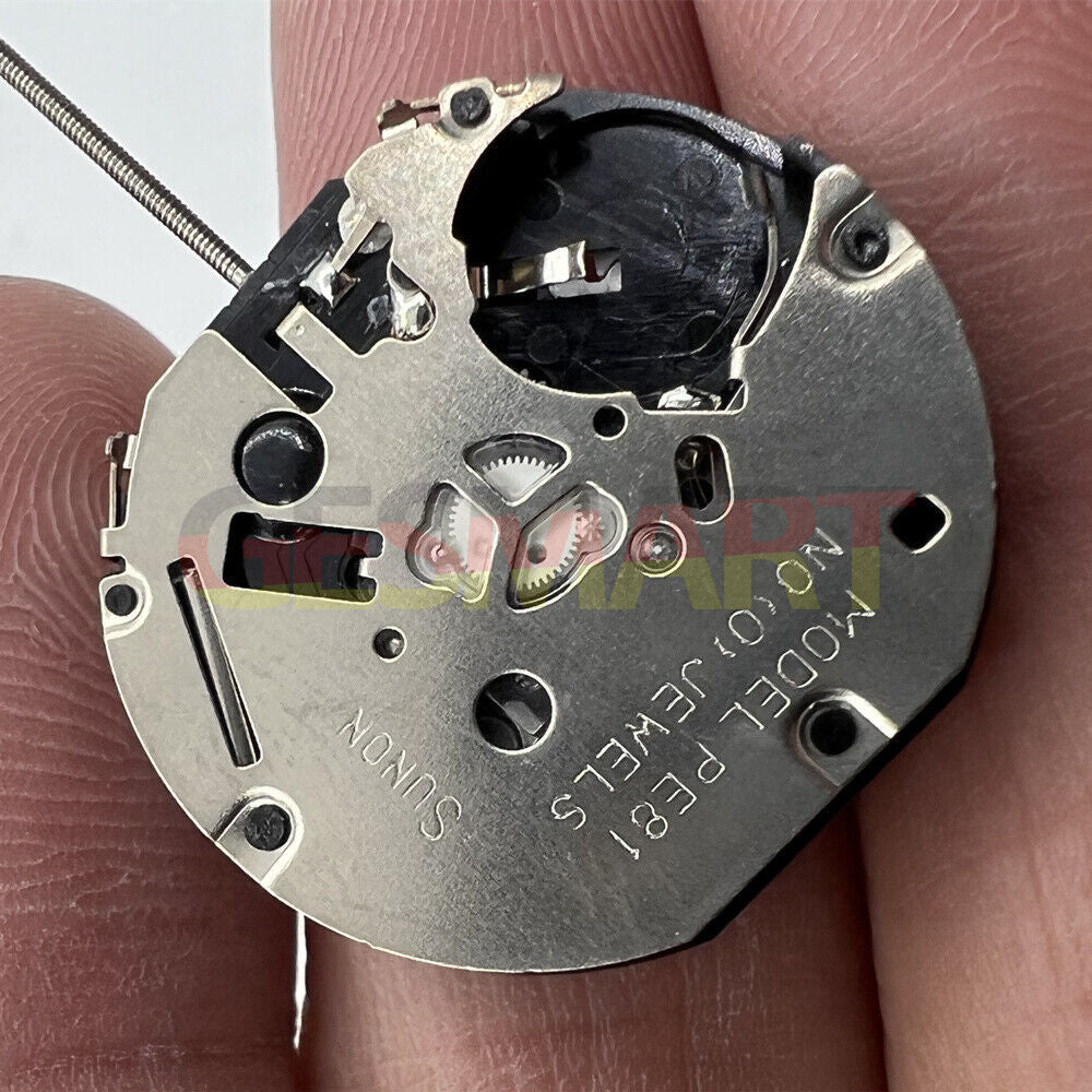 Sunon PE81 quartz watch movement with 3 hands, date at 3, small seconds at 6 and 9 positions.