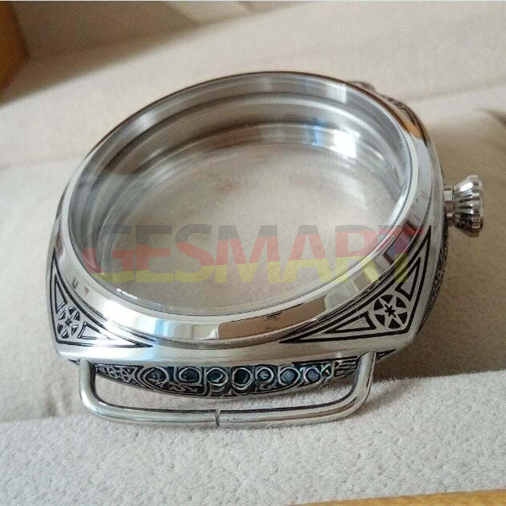 47mm 316L stainless steel carved watch case with crystals, compatible with Seagull ST3600 and ETA6497 movements.