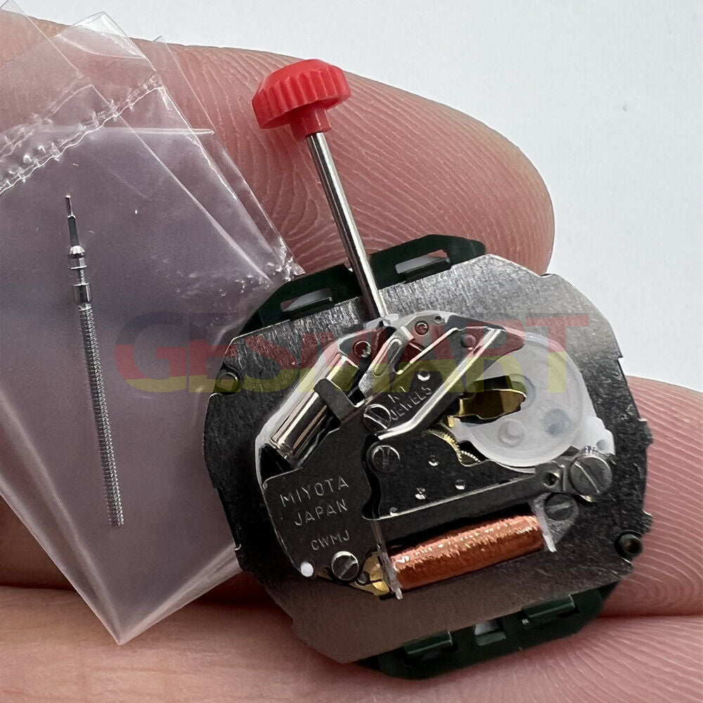 Quartz watch movement Miyota 2105 with 3 hands, day-date function, and watch stem by Miyota.