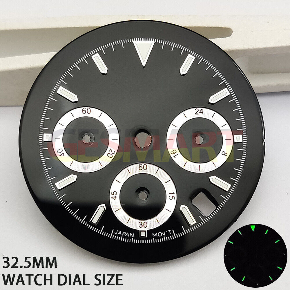 Green luminous matted black watch dial for VK63 quartz movement, perfect for precise timekeeping.