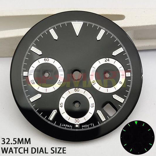 Green luminous matted black watch dial for VK63 quartz movement, perfect for precise timekeeping.